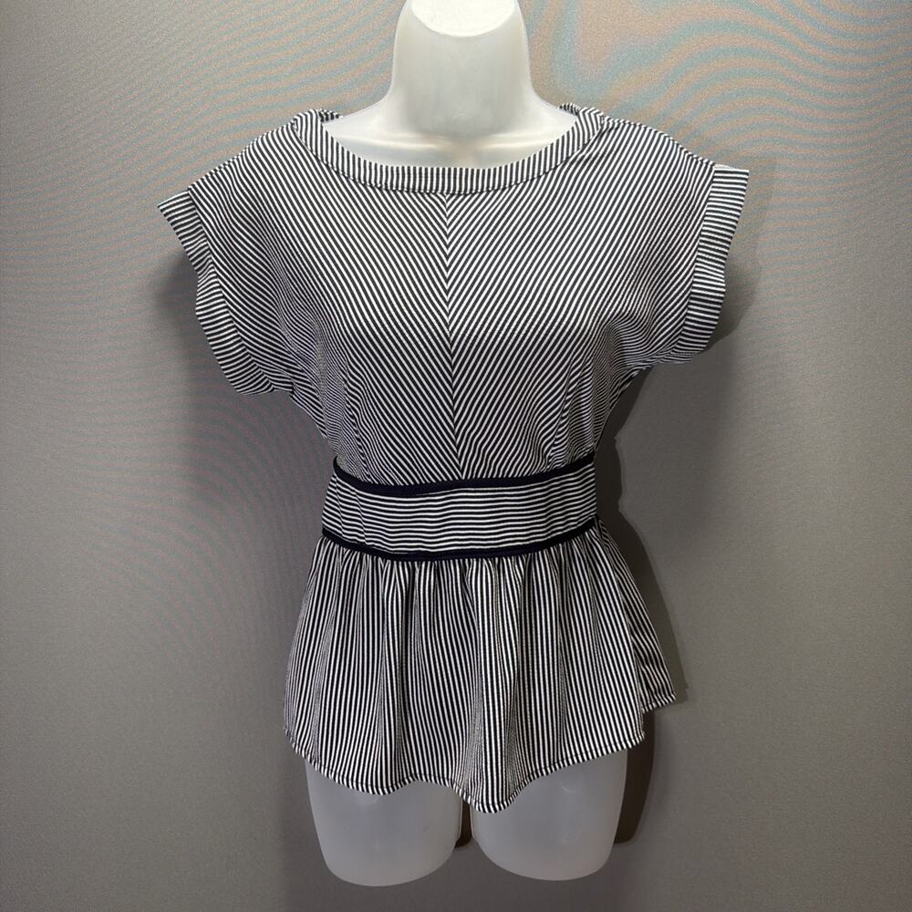 Monteau Los Angeles Top Navy White Striped Peplum Smocked Waist Sz Small NWOT